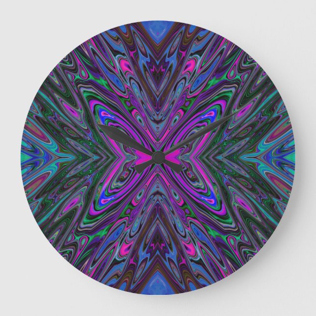 Trippy Magenta, Blue and Green Abstract Butterfly Large Clock (Front)
