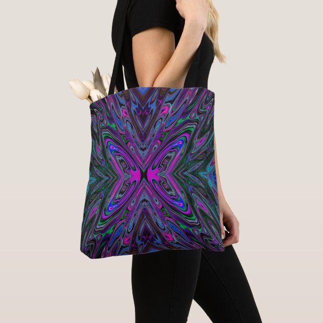 Trippy Magenta, Blue and Green Abstract Butterfly Tote Bag (Close Up)