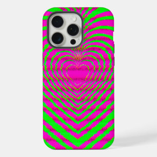 Trippy Neon Pink Green Hypnotic Heart Love Pattern iPhone 15 Pro Max Case