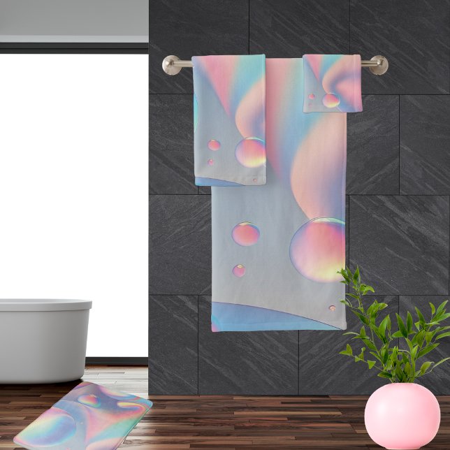 Trippy Pastel Wow Rainbow Bubbles Swirls Bath Towel Set (Pastel psychedelic 3D bubble art towels to brighten the bathrooms)
