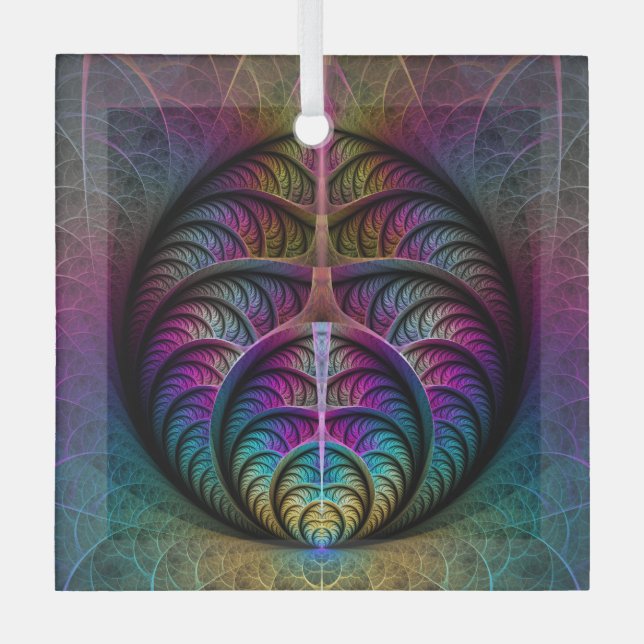 Trippy Patterned Colorful Abstract Fractal Art Glass Tree Decoration (Front)