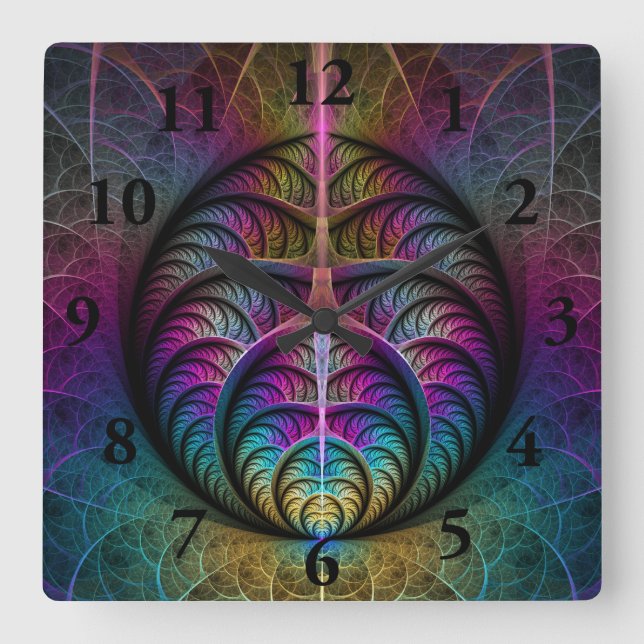 Trippy Patterned Colorful Abstract Fractal Art Square Wall Clock (Front)