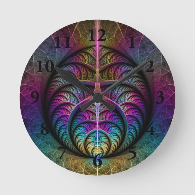 Trippy Patterned Colourful Abstract Fractal Art Round Clock (Front)