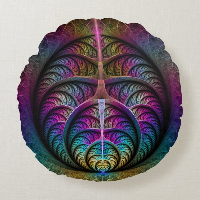 Trippy Patterned Colourful Abstract Fractal Art Round Cushion (Front)