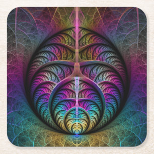 Trippy Patterned Colourful Abstract Fractal Art Square Paper Coaster