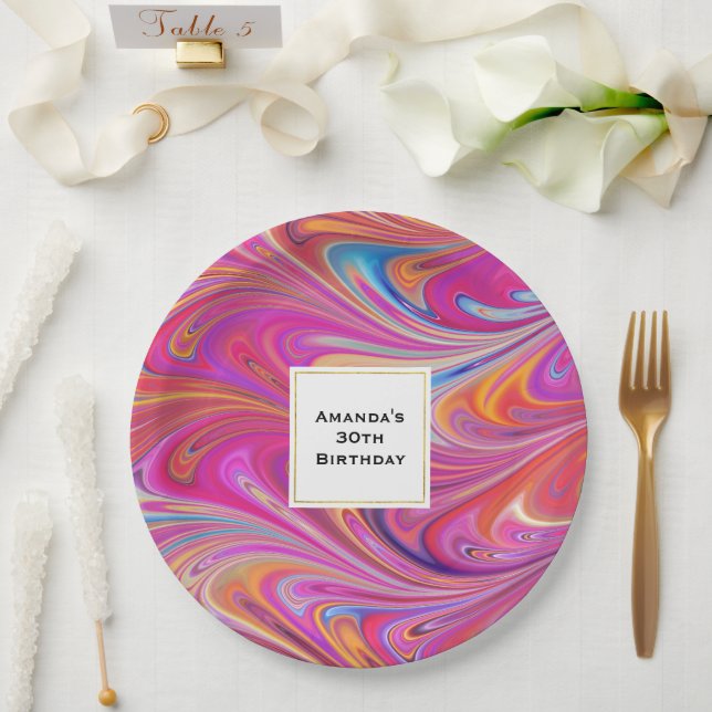 Trippy Pink and Orange Swirly Design Birthday Paper Plate (Wedding)