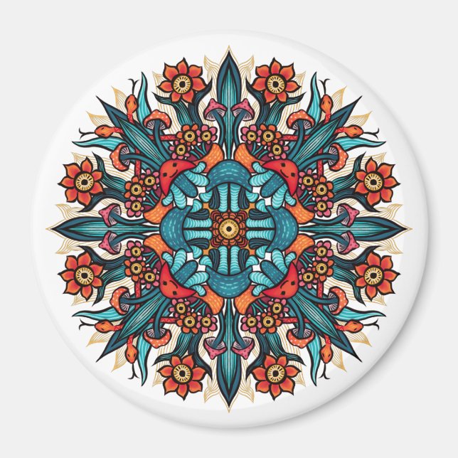 Trippy Psychedelic Groovy Mushroom Mandala Eyes Magnet (Front)