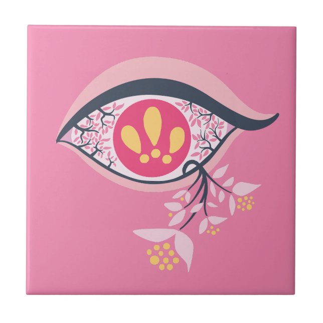 Trippy Psychedelic Pink Eye Floral Pastel Goth Tile (Front)