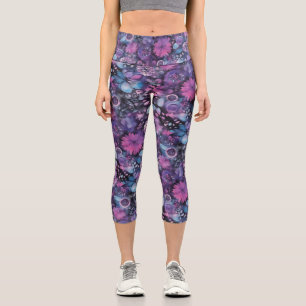 Trippy Purple Floral Psychedelic Pattern Capri Leggings