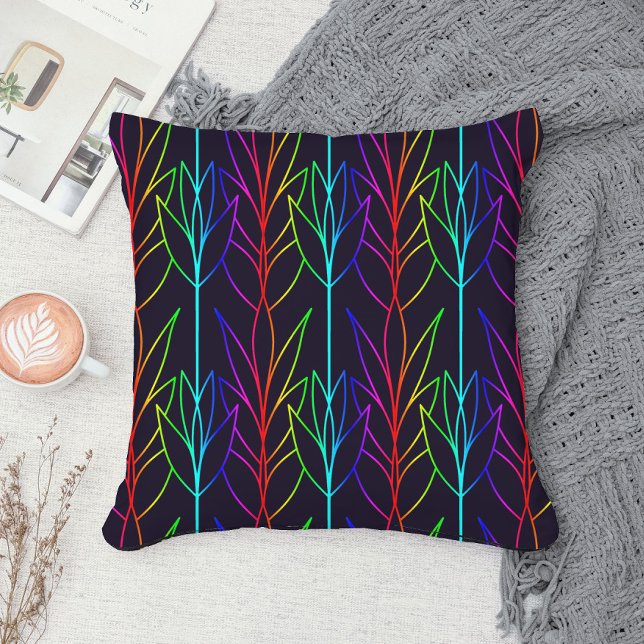 Trippy Rainbow Leafy Pattern Cool Fun Black Modern Cushion (Creator Uploaded)
