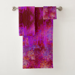 Trippy Red and Magenta Impressionistic Landscape Bath Towel Set