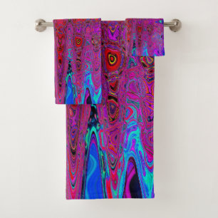 Trippy Red and Purple Abstract Retro Atomic Waves Bath Towel Set