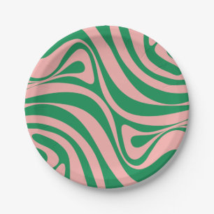 Trippy Retro Abstract Swirl Pink and Green Pattern Paper Plate