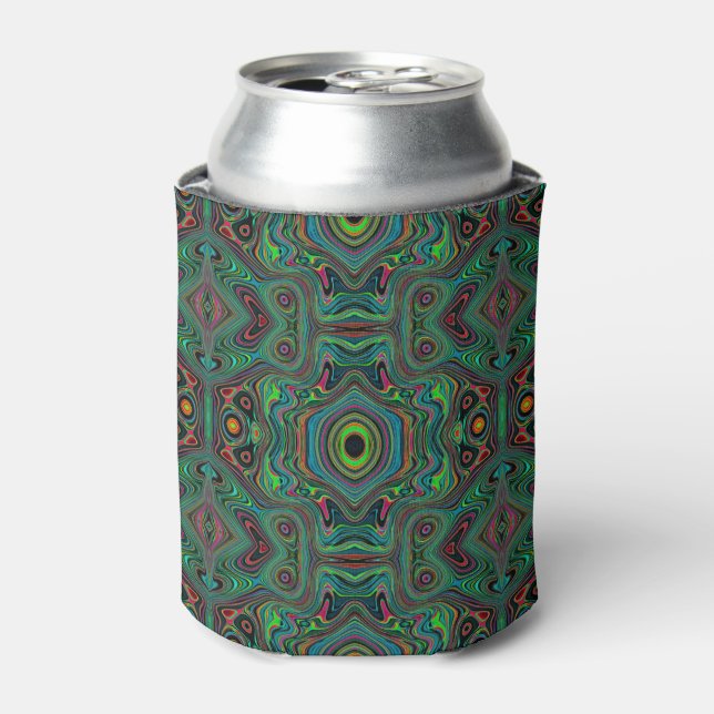 Trippy Retro Black and Lime Green Abstract Pattern Can Cooler (Can Front)