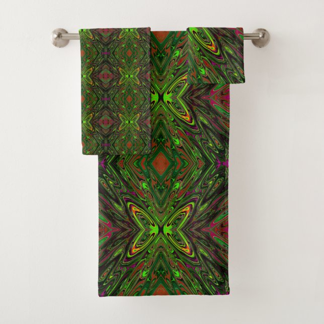 Trippy Retro Lime Green Abstract Butterfly Bath Towel Set (Insitu)