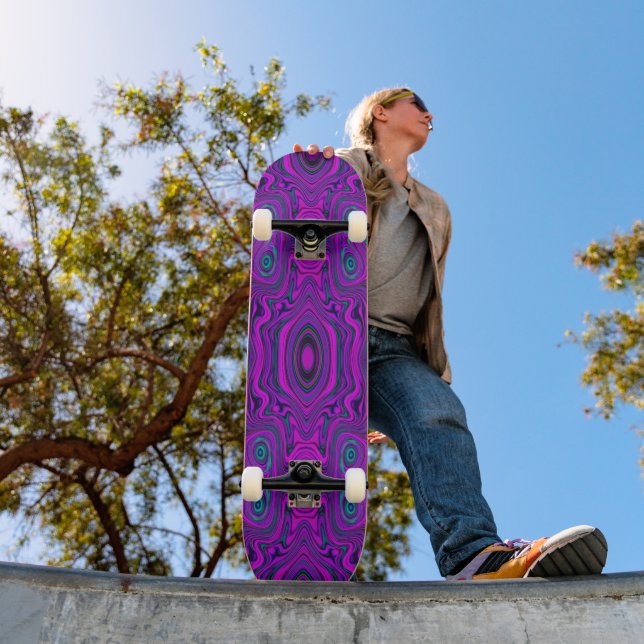 Trippy Retro Magenta and Black Abstract Pattern Skateboard (Outdoor 1)