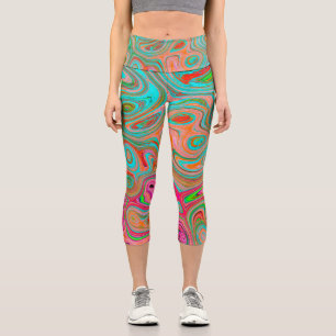 Trippy Retro Orange and Aqua Groovy Abstract Art Capri Leggings
