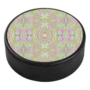 Trippy Retro Pink and Lime Green Abstract Pattern Hockey Puck