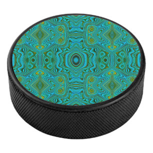 Trippy Retro Turquoise Chartreuse Abstract Pattern Hockey Puck