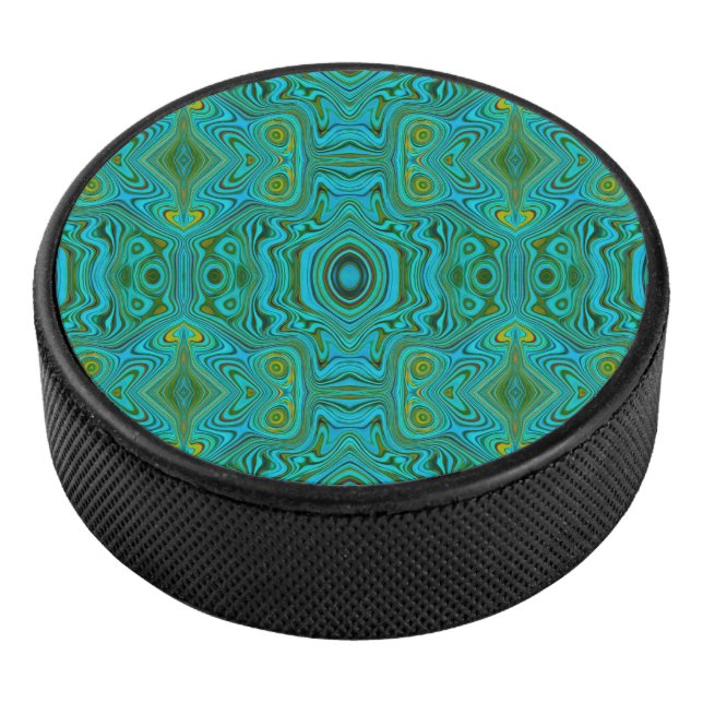 Trippy Retro Turquoise Chartreuse Abstract Pattern Hockey Puck (3/4)