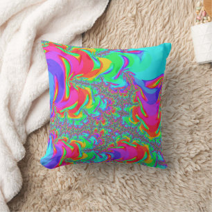 Trippy Retro Vibrant Neon Rainbow Fractal Art Cushion