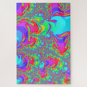 Trippy Retro Vibrant Neon Rainbow Fractal Art Jigsaw Puzzle