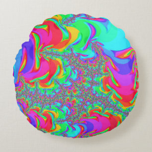 Trippy Retro Vibrant Neon Rainbow Fractal Art Round Cushion