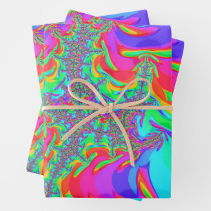 Trippy Retro Vibrant Neon Rainbow Fractal Art Wrapping Paper Sheet