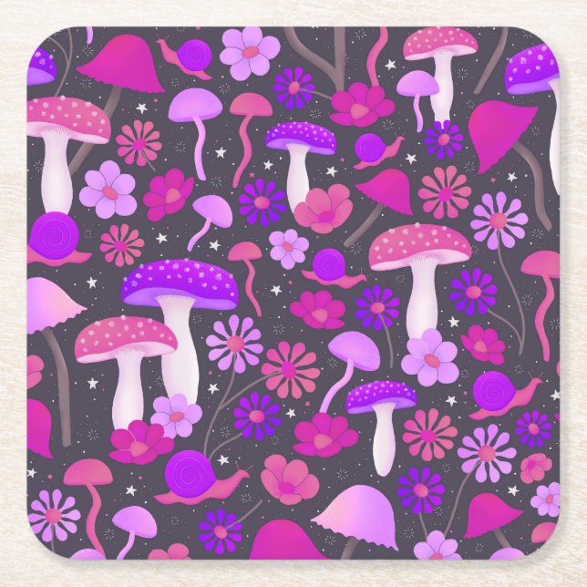 Trippy Seventies Mushrooms Pink, Purple & Black Square Paper Coaster (Front)