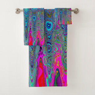 Trippy Sky Blue Abstract Retro Atomic Waves Bath Towel Set