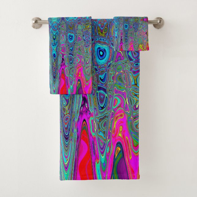 Trippy Sky Blue Abstract Retro Atomic Waves Bath Towel Set (Insitu)