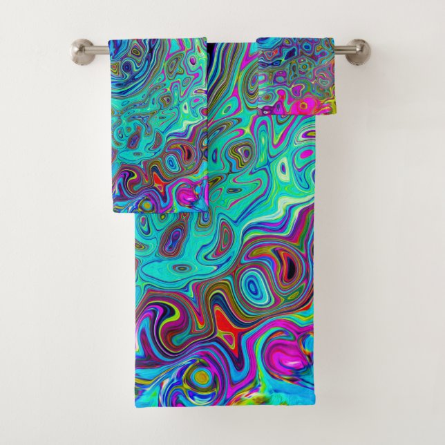 Trippy Sky Blue Abstract Retro Liquid Swirl Bath Towel Set (Insitu)
