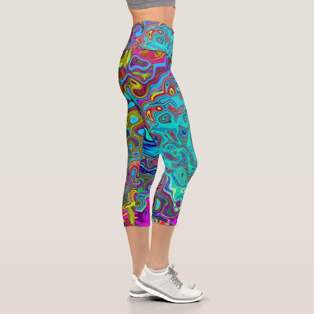 Trippy Sky Blue Abstract Retro Liquid Swirl Capri Leggings (Right)