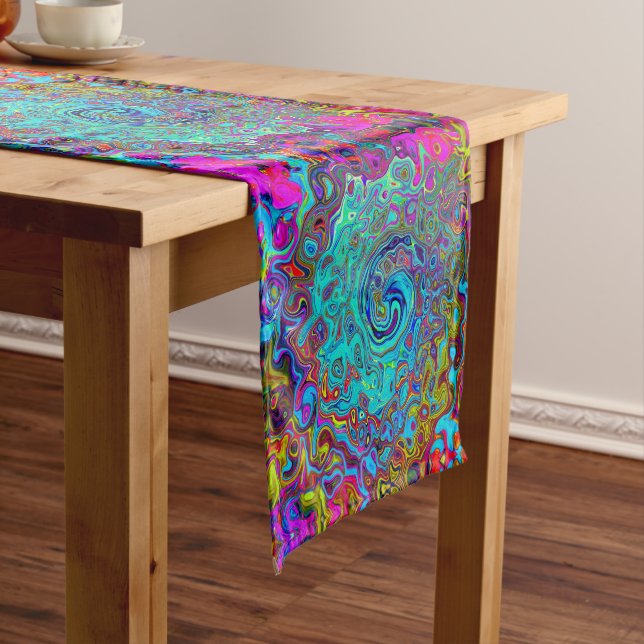 Trippy Sky Blue Abstract Retro Liquid Swirl Long Table Runner (In Situ)
