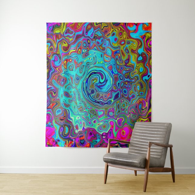 Trippy Sky Blue Abstract Retro Liquid Swirl Tapestry (In Situ)