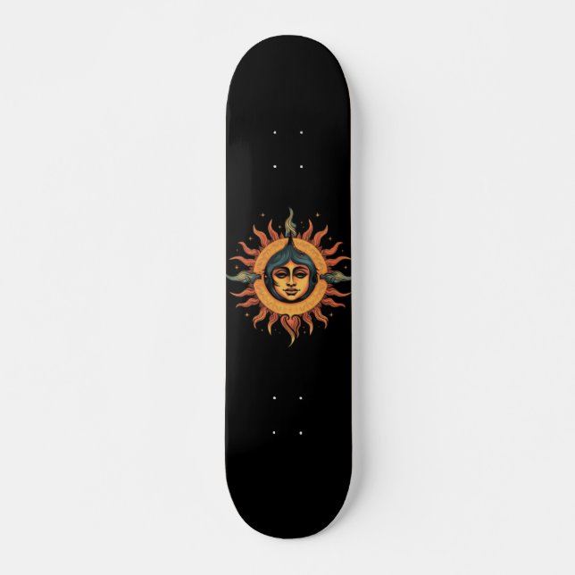 trippy sun, retro sun, sun with girl face skateboard (Front)