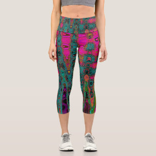 Trippy Turquoise Abstract Retro Atomic Waves Capri Leggings