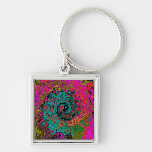 Trippy Turquoise Abstract Retro Liquid Swirl Key Ring (Front)