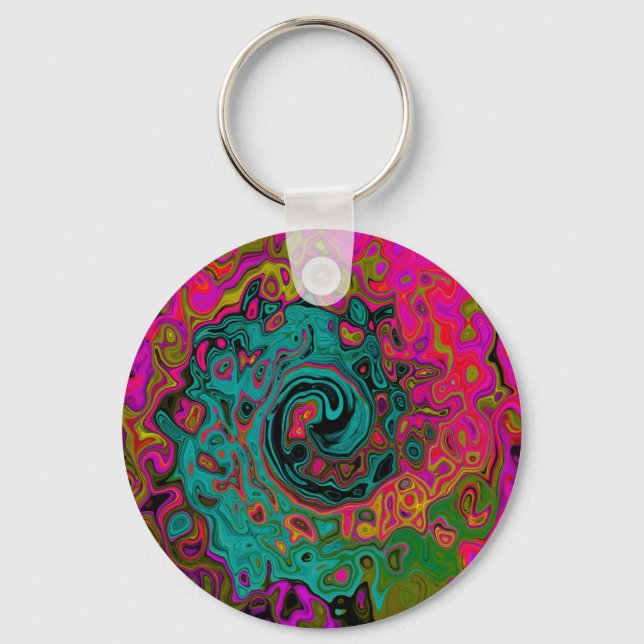 Trippy Turquoise Abstract Retro Liquid Swirl Key Ring (Front)