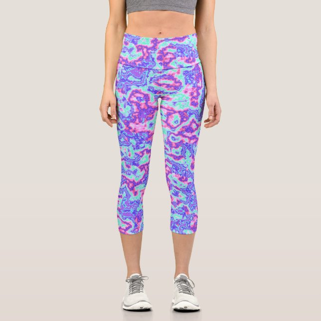 Trippy Vibrant Colourful Maximalist Abstract Marbl Capri Leggings (Front)