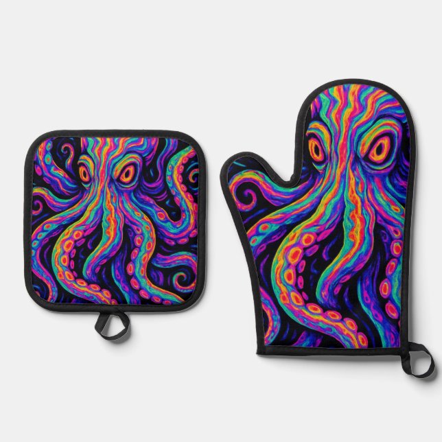 Trippy Vibrant Octopus  Oven Mitt & Pot Holder Set (Front)