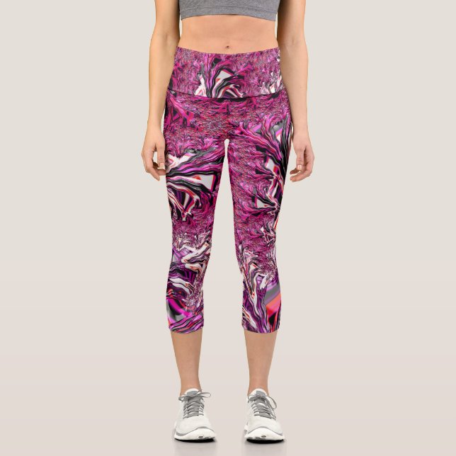 Trippy Vibrant Psychedelic Funky Fractal Art Capri Leggings (Front)
