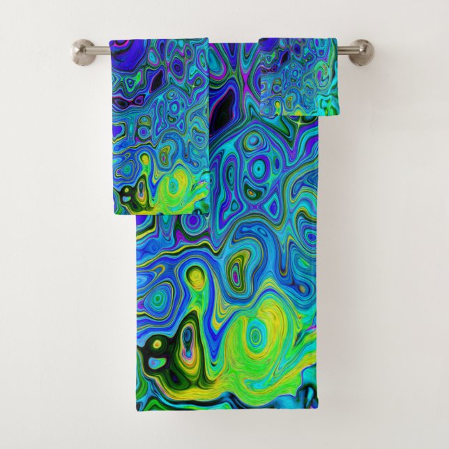 Trippy Violet Blue Abstract Retro Liquid Swirl Bath Towel Set (Insitu)