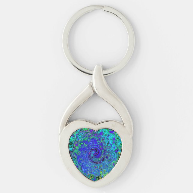 Trippy Violet Blue Abstract Retro Liquid Swirl Key Ring (Front)