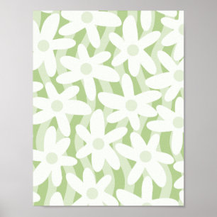Trippy Wavy Flowers Pastel Sage Green Pattern Poster