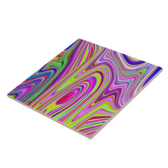Trippy Yellow and Pink Abstract Groovy Retro Art Tile (Side)