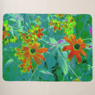 Trippy Yellow and Red Wildflowers on Retro Blue Sherpa Blanket