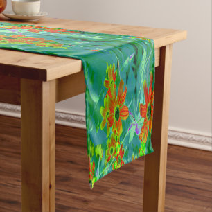 Trippy Yellow and Red Wildflowers on Retro Blue Short Table Runner