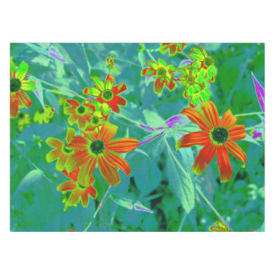Trippy Yellow and Red Wildflowers on Retro Blue Tablecloth