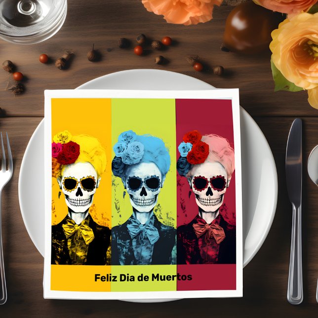 Triptych of Dia de Muertos Calavera Catrina Napkin (Triptych of Dia de Muertos Calavera Catrina Napkins, customizable text)